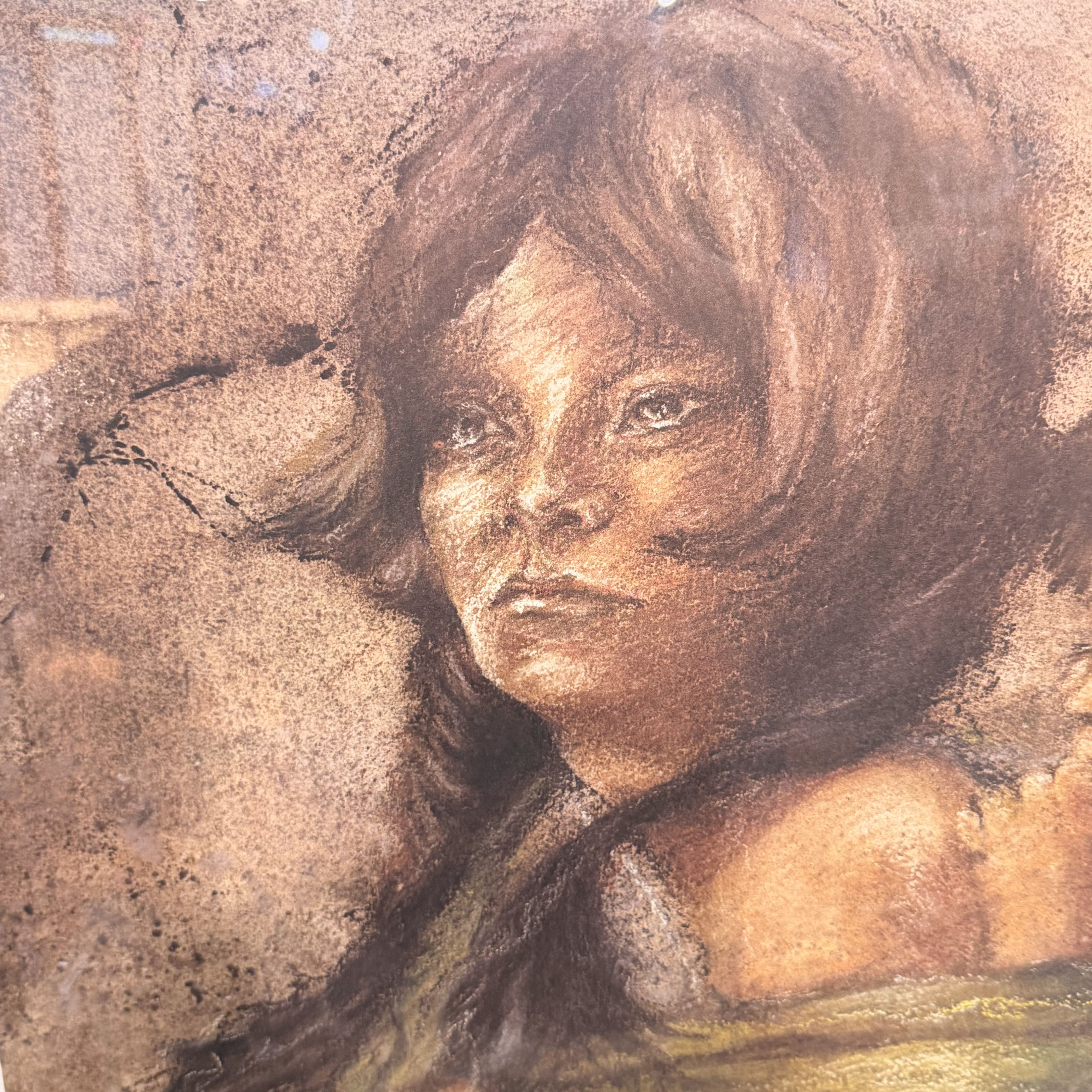 Artistic depiction of a woman with long hair against a textured wall.