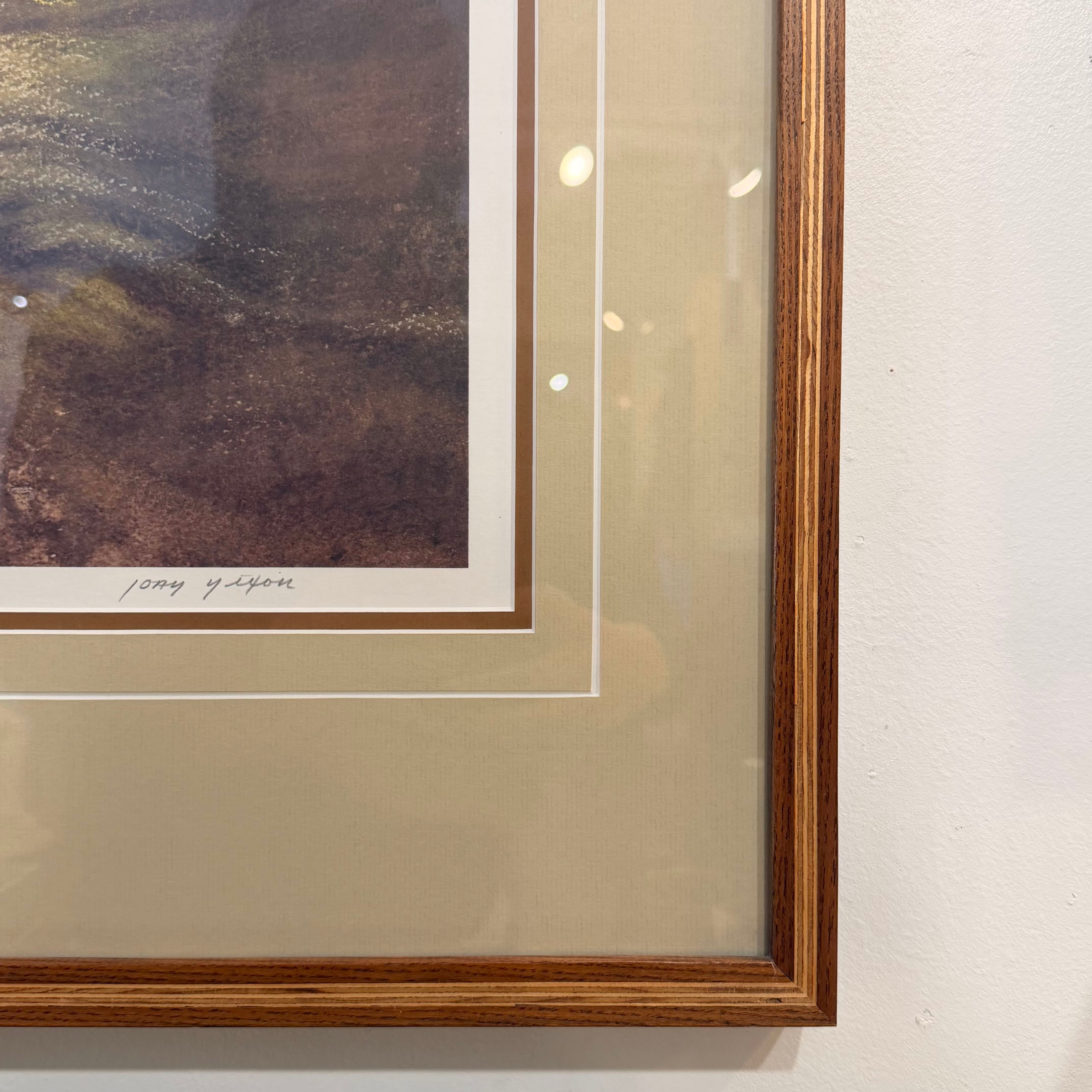 Framed artwork with a brown frame on a white wall
