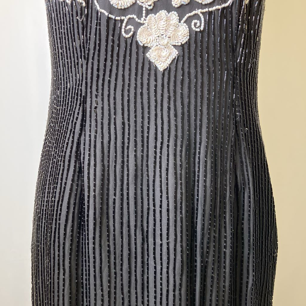 1980s Sequin & Beaded Sleeveless Black Cocktail Dress