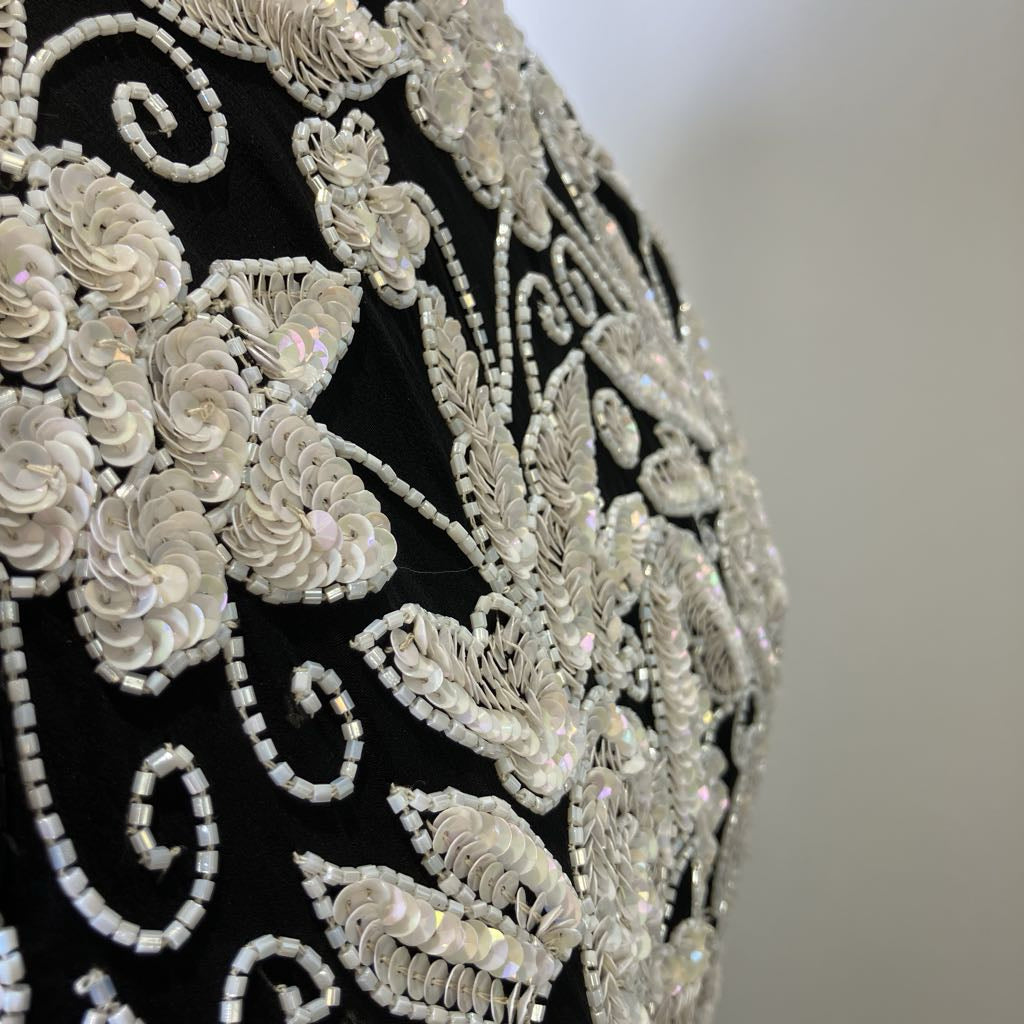 1980s Sequin & Beaded Sleeveless Black Cocktail Dress