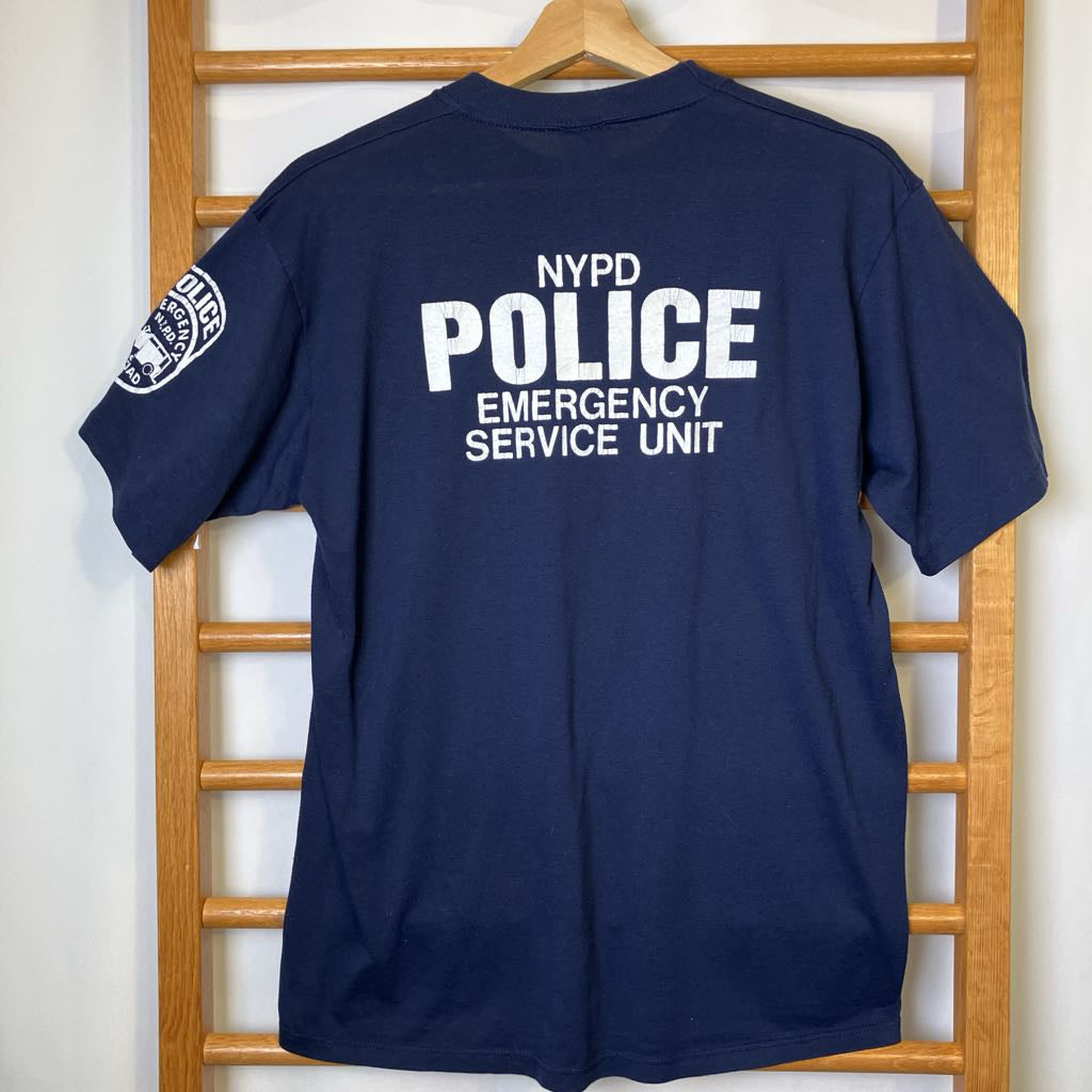 NYPD Police Emergency Service Unit t-shirt on a wooden hanger