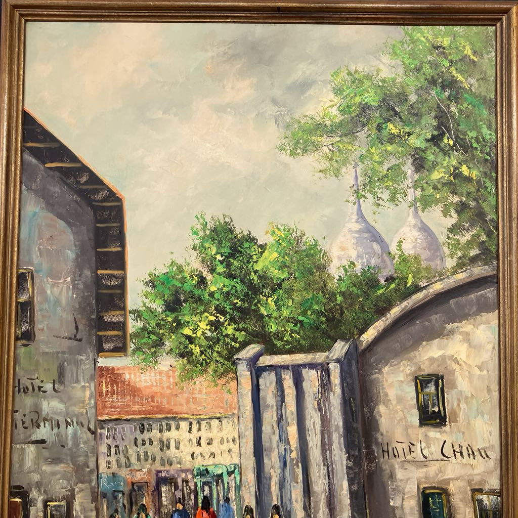 Painting of a city street with architectural elements and greenery
