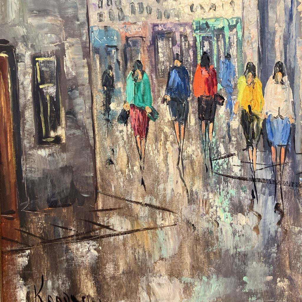 Painting of people walking on a city street at night.