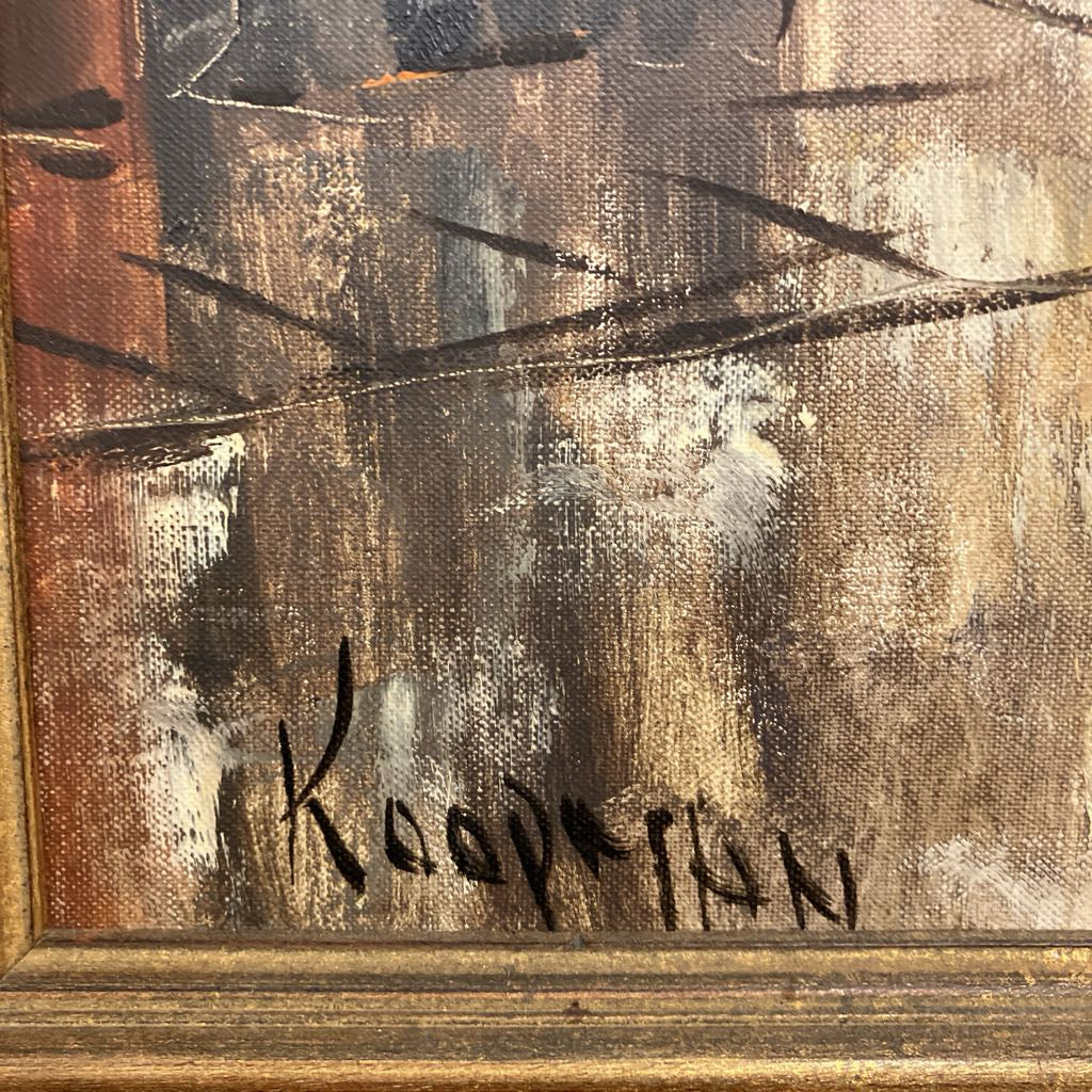 Abstract painting with a signature in the bottom left corner