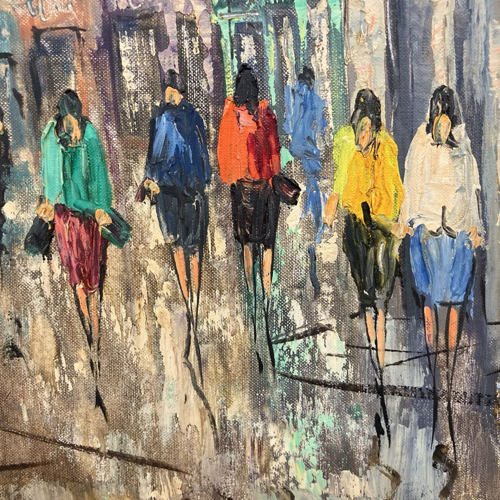 Abstract painting of people walking on a street