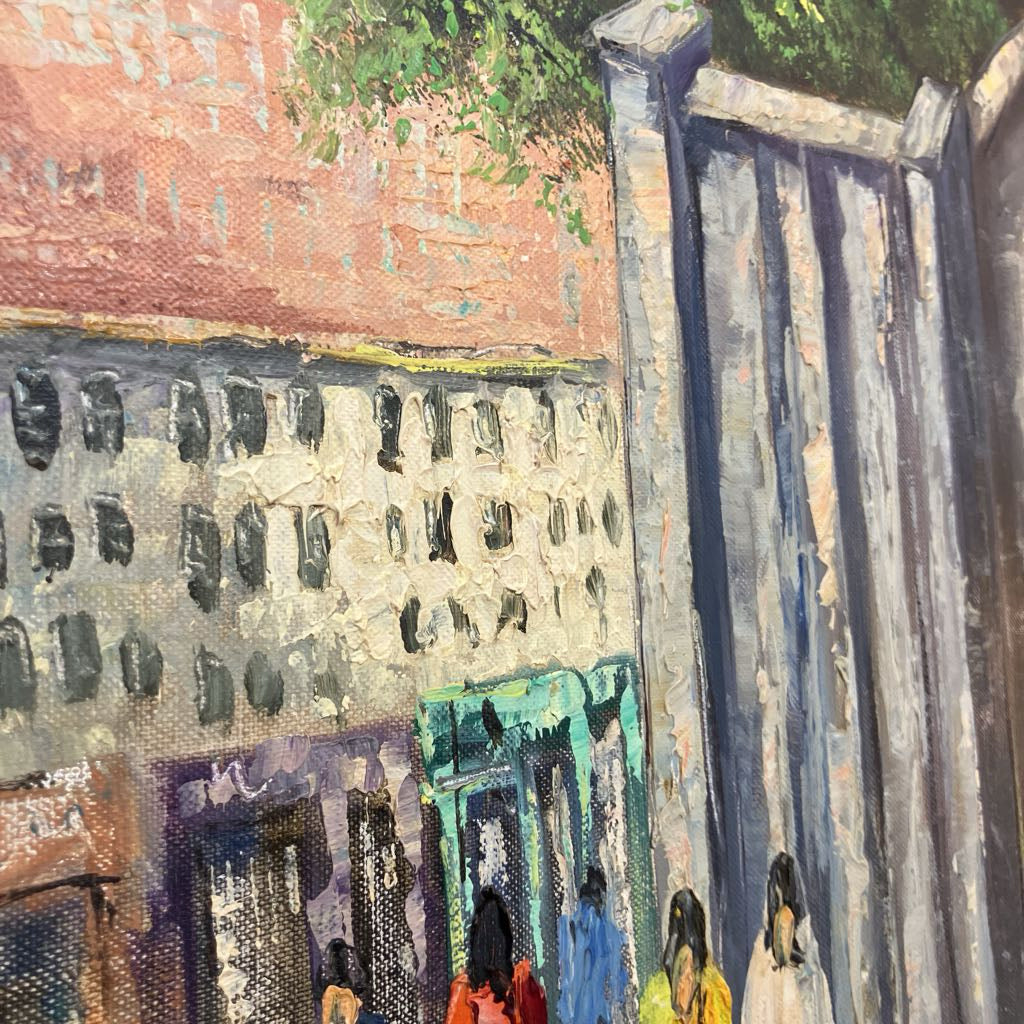 Painting of a street scene with people and buildings