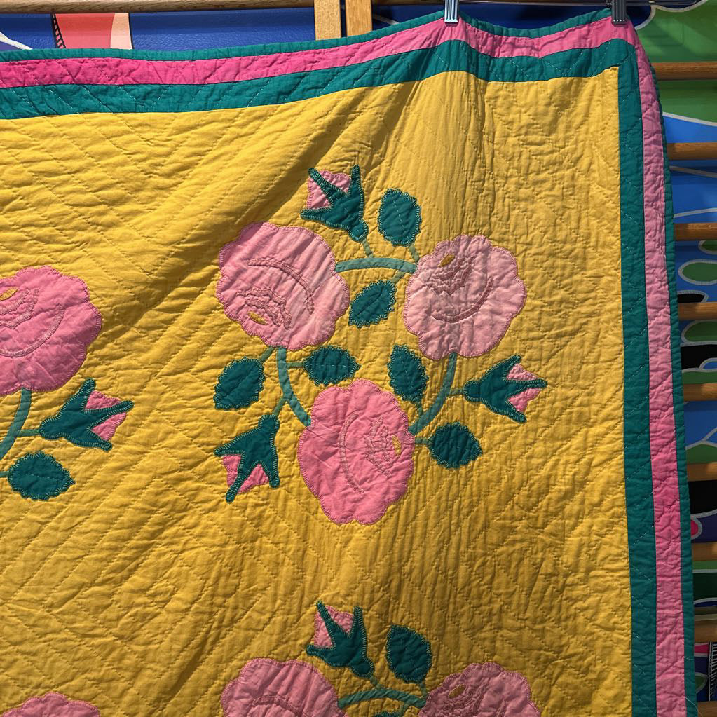 Vintage Handmade Quilt Featuring Floral Applique Work (Queen)