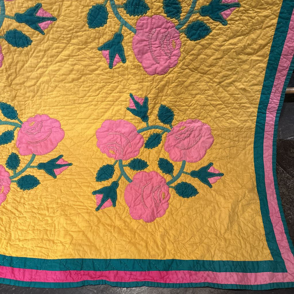 Vintage Handmade Quilt Featuring Floral Applique Work (Queen)