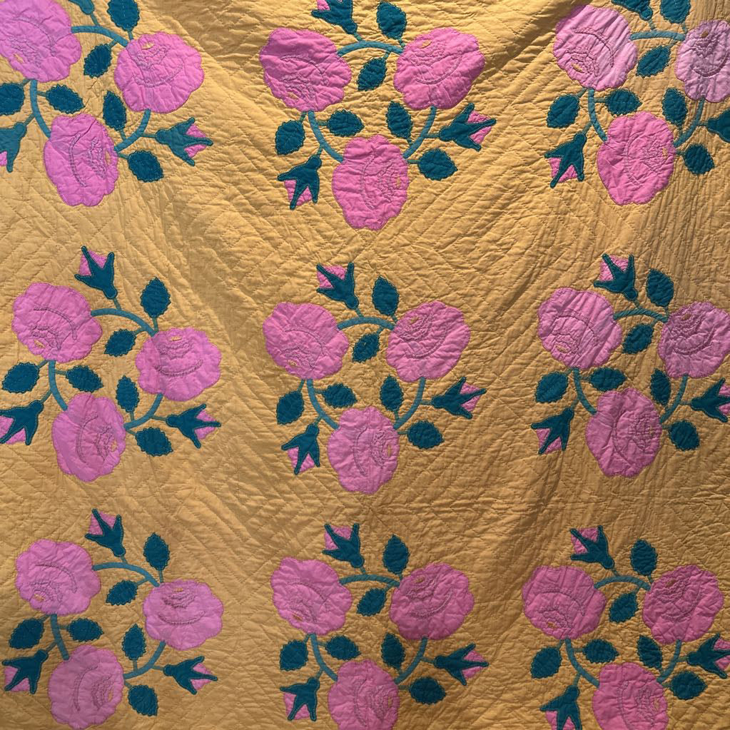 Vintage Handmade Quilt Featuring Floral Applique Work (Queen)