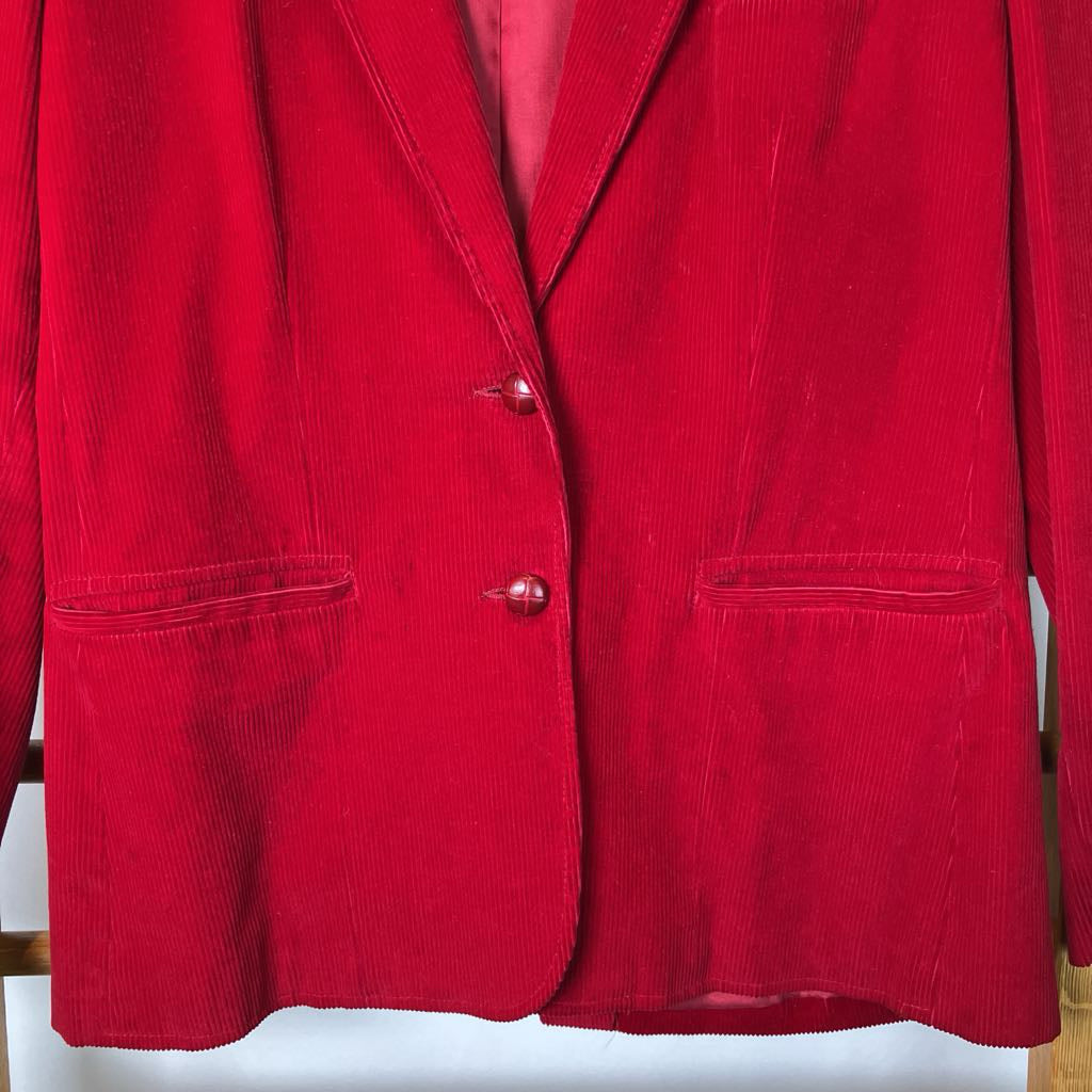 Red blazer on a hanger against a wooden panel background