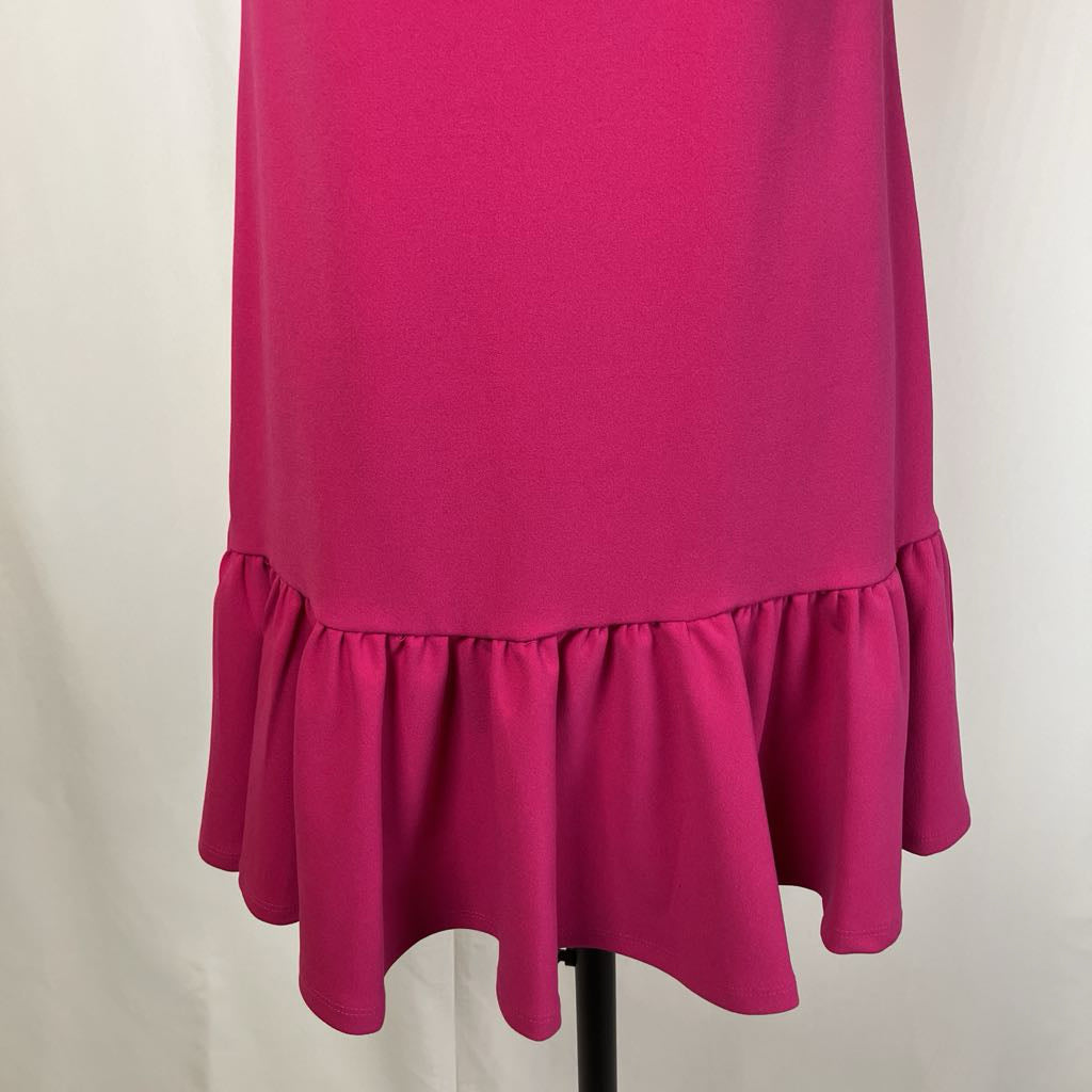 Pink drop waist dress on a mannequin against a white background. 