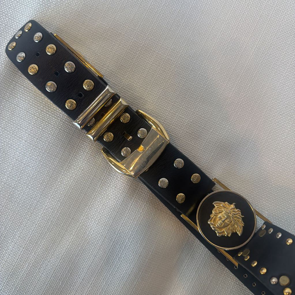 1990s Gianni Versace Big Medusa Gold & Silver Stud Leather Belt