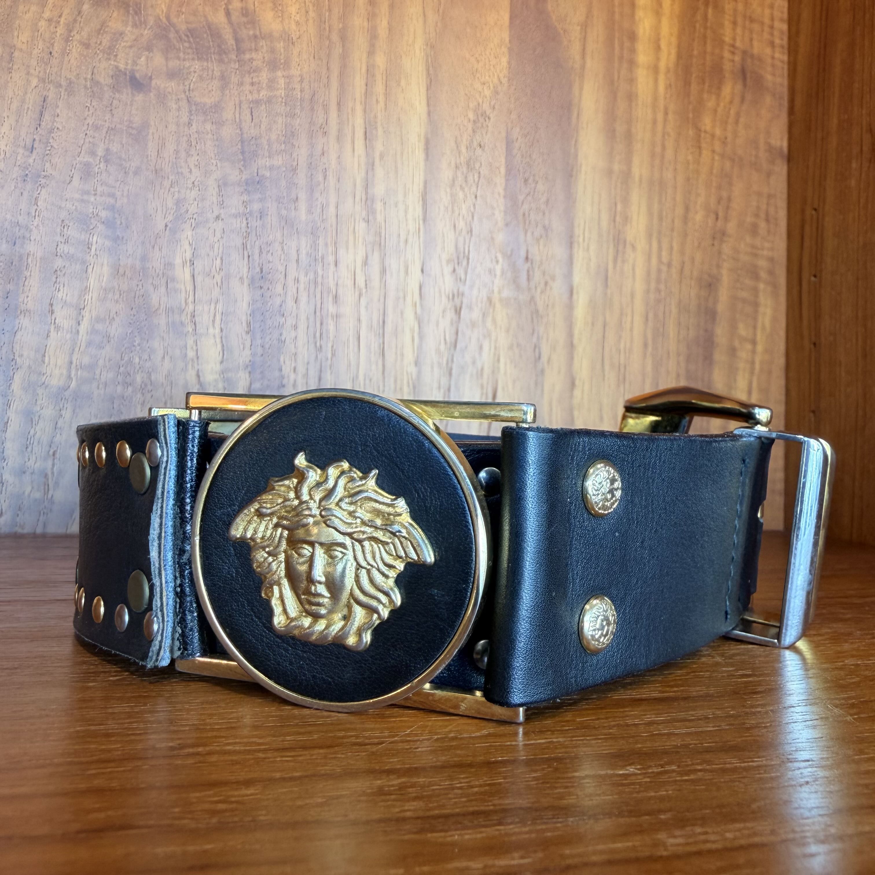 1990s Gianni Versace Big Medusa Gold & Silver Stud Leather Belt