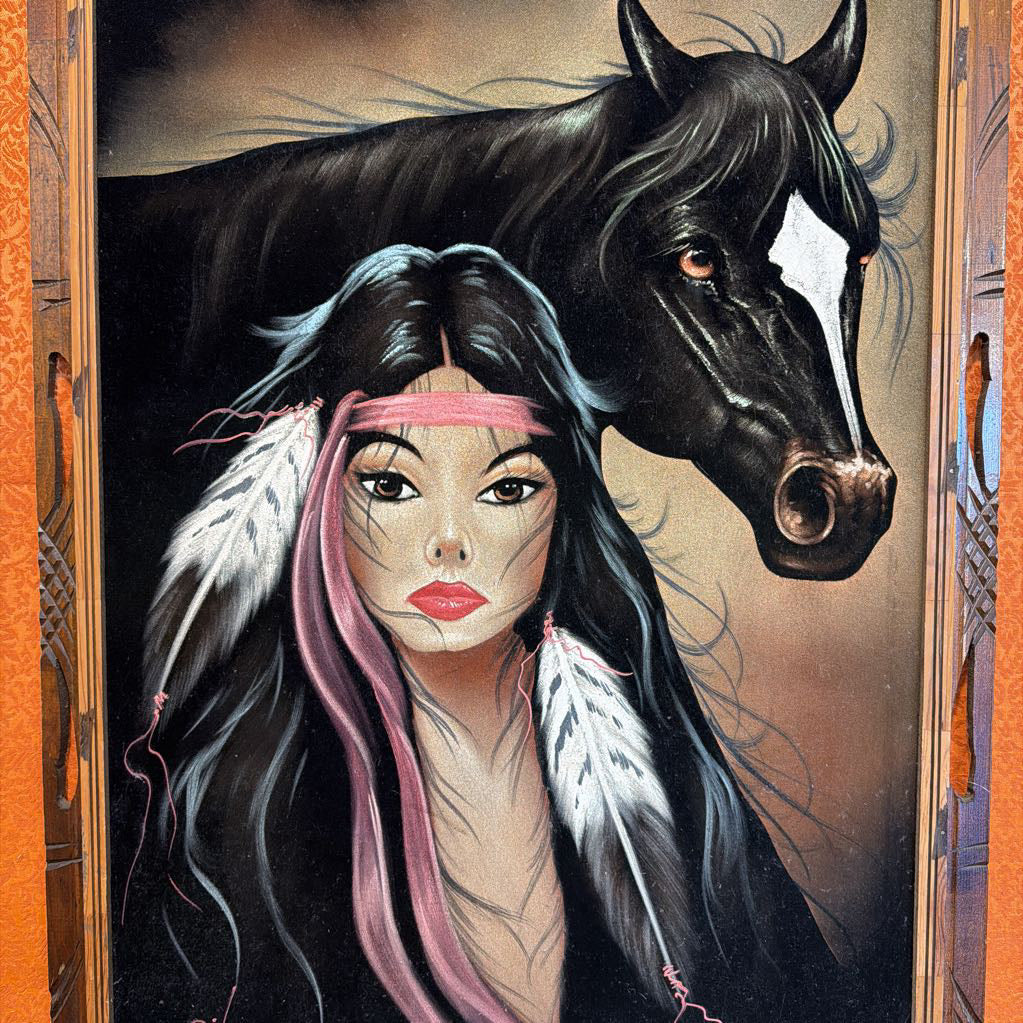 Illustration of a woman with a horse on an orange background