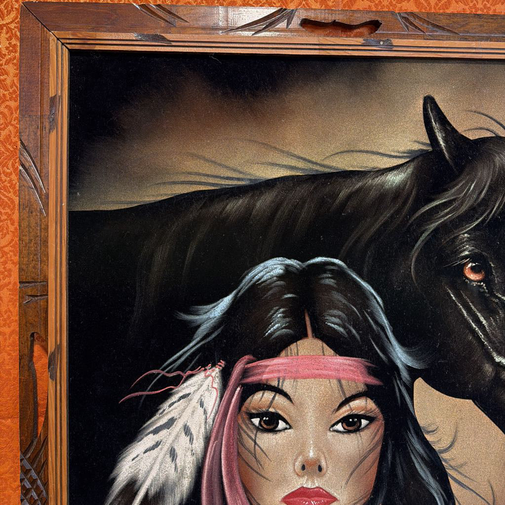 Illustration of a woman with a horse in a wooden frame