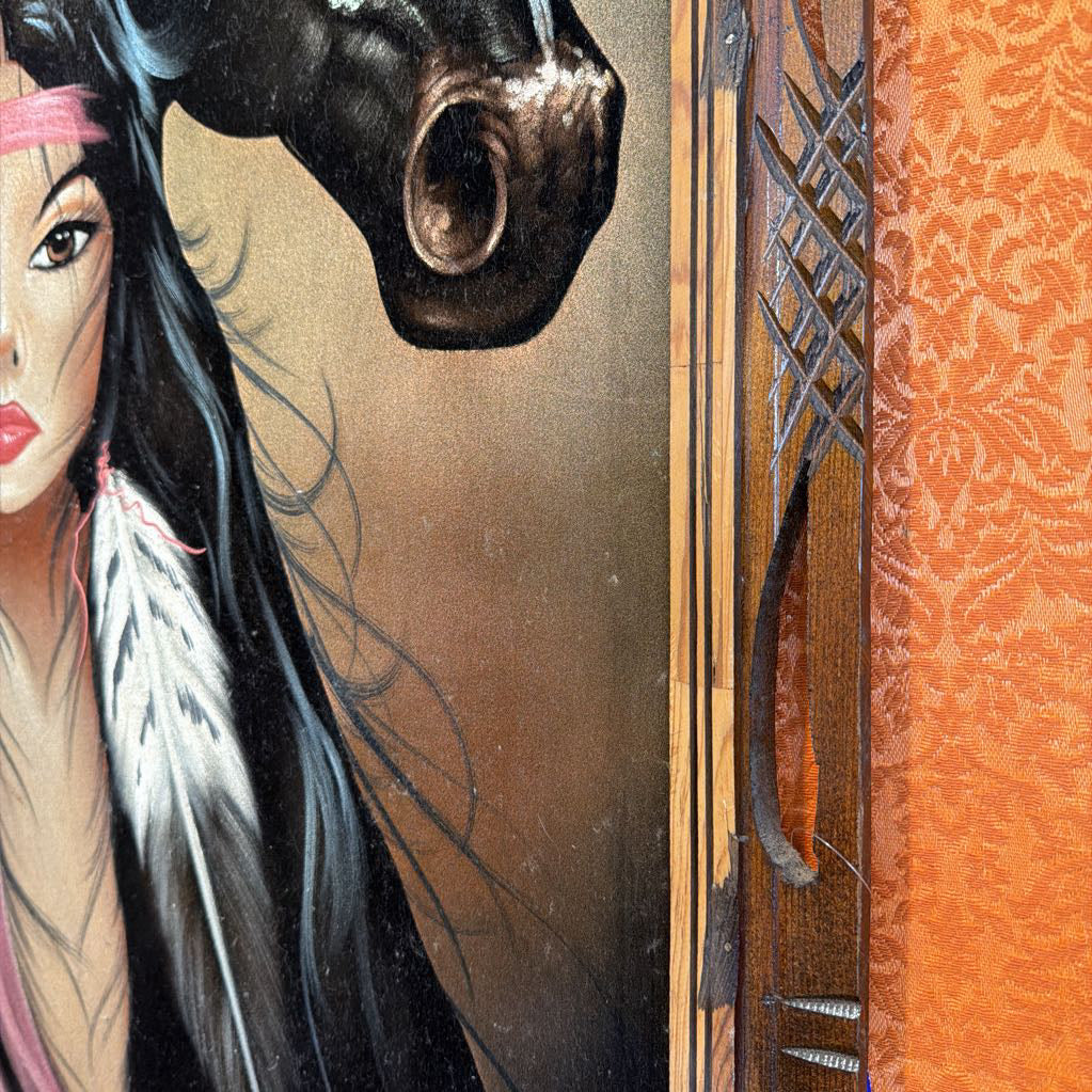 Illustration of a Native American woman with a horse, featuring intricate details and warm tones.