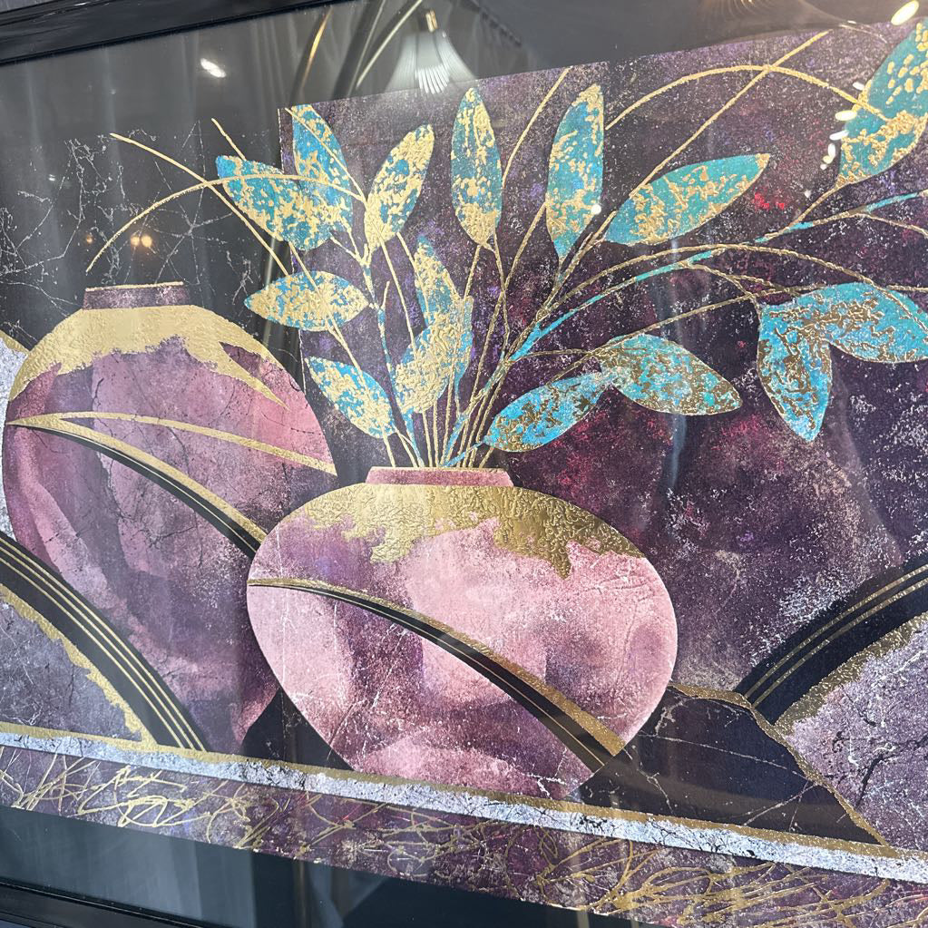 Decorative glass panel with pink vases and blue leaves on a purple background