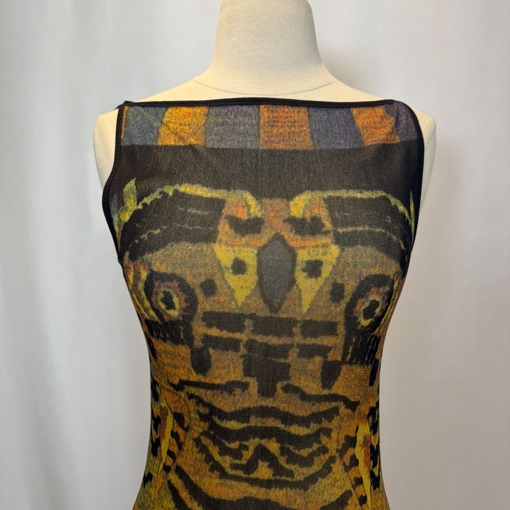 RARE Vintage 1998 Vivienne Tam Tibetan Tiger Print Mesh Maxi Dress
