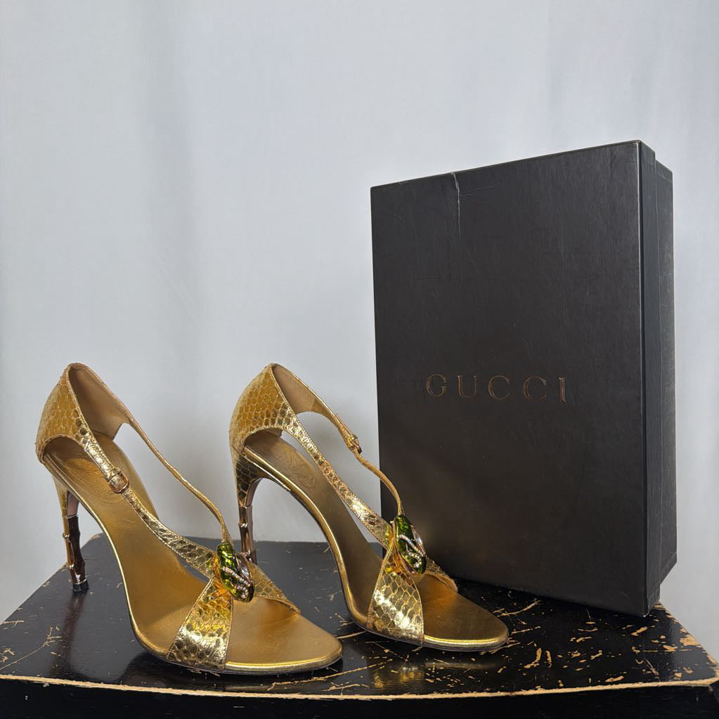 2004 Gucci by Tom Ford Gold Snakeskin Sandals with Metal Green Serpentine Head & Bamboo Stilettos