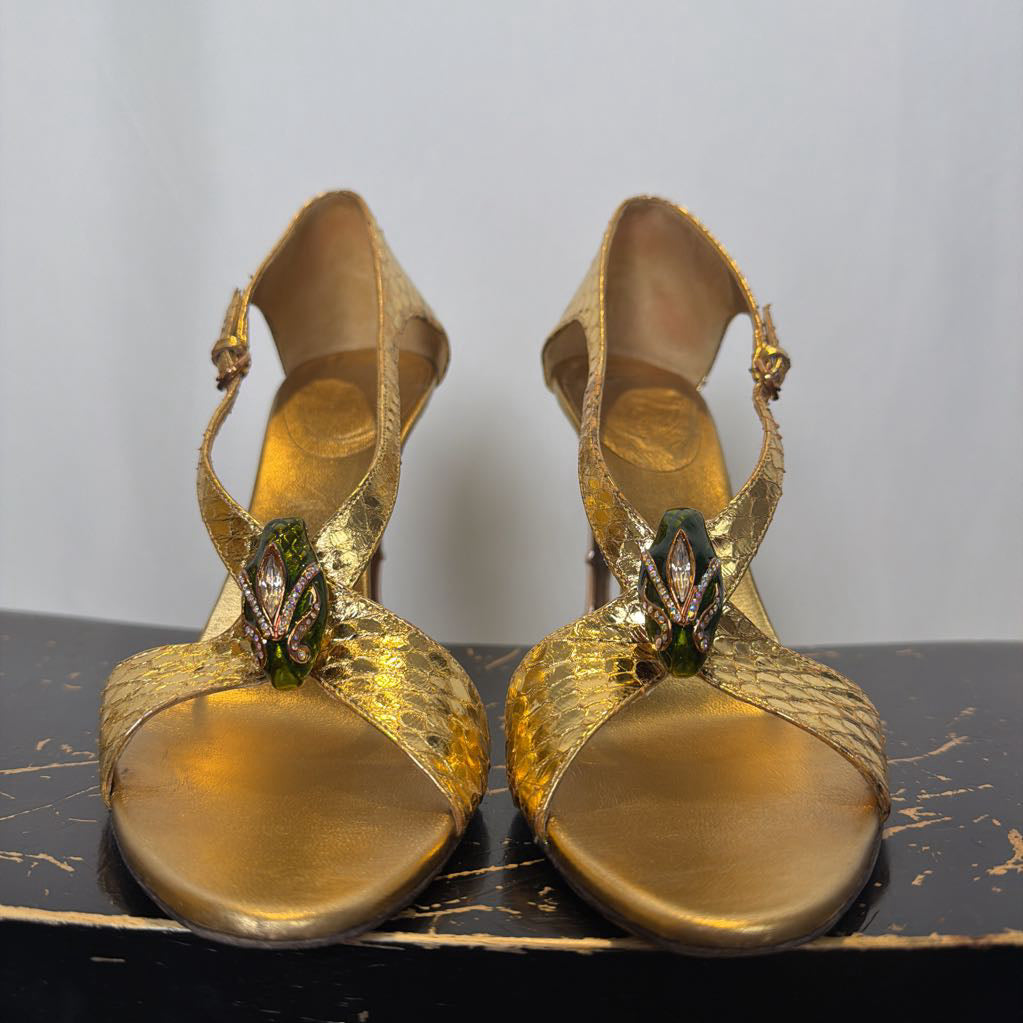 2004 Gucci by Tom Ford Gold Snakeskin Sandals with Metal Green Serpentine Head & Bamboo Stilettos
