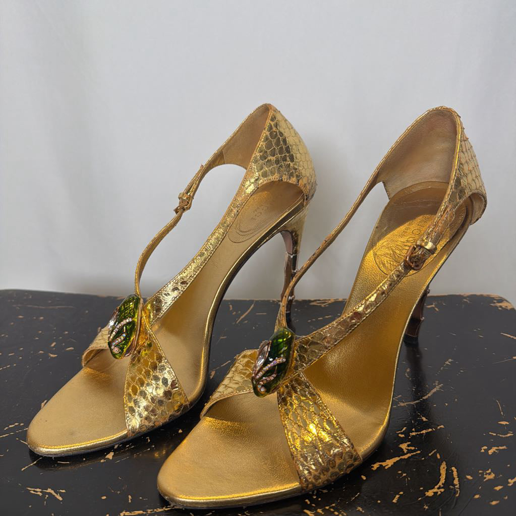 2004 Gucci by Tom Ford Gold Snakeskin Sandals with Metal Green Serpentine Head & Bamboo Stilettos