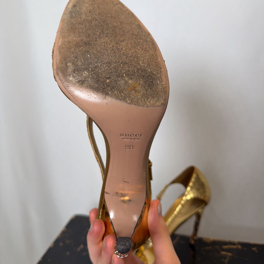 2004 Gucci by Tom Ford Gold Snakeskin Sandals with Metal Green Serpentine Head & Bamboo Stilettos