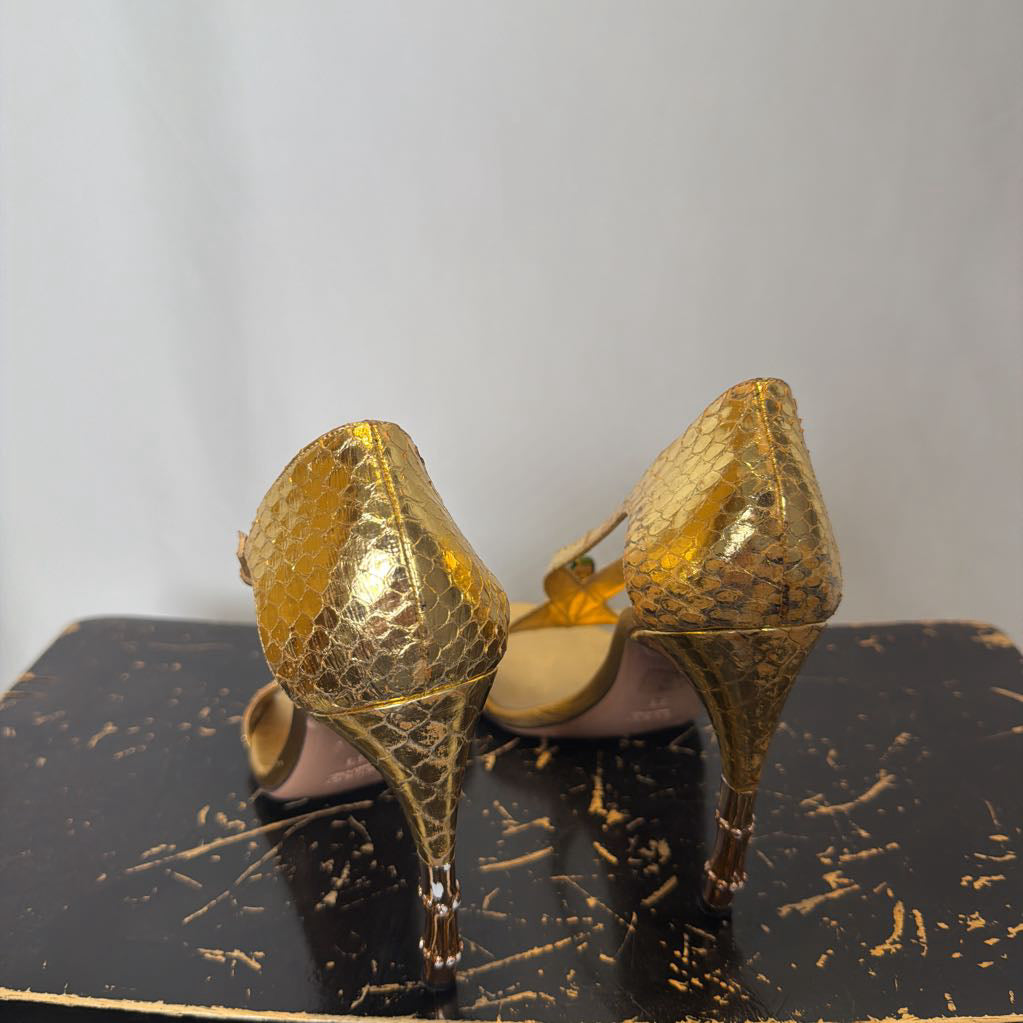 2004 Gucci by Tom Ford Gold Snakeskin Sandals with Metal Green Serpentine Head & Bamboo Stilettos