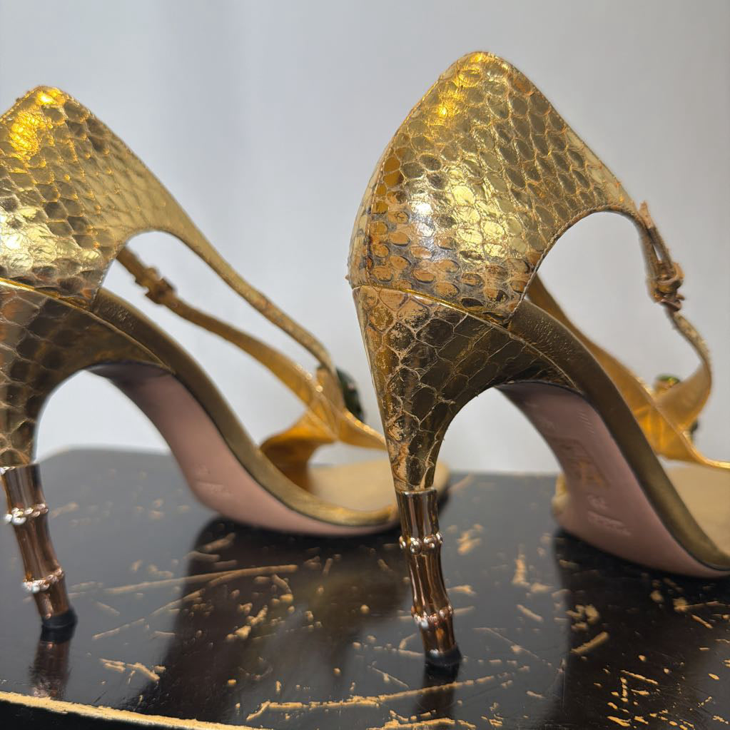 2004 Gucci by Tom Ford Gold Snakeskin Sandals with Metal Green Serpentine Head & Bamboo Stilettos