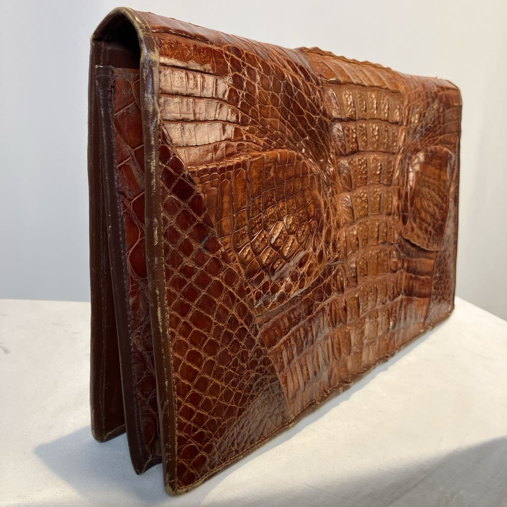 1950s Cognac Horn Back Alligator Skin Clutch