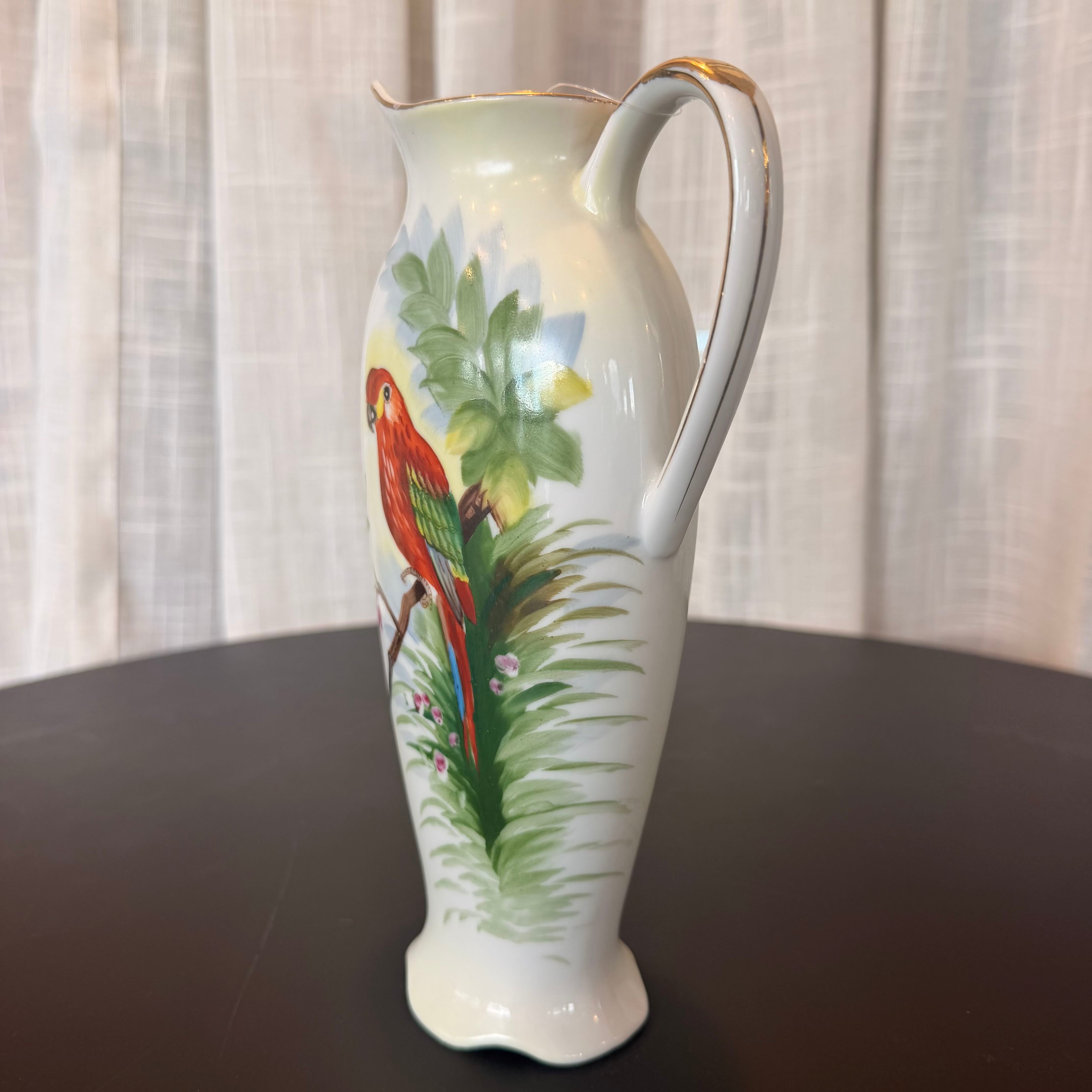 Decorative vase with a parrot design on a plain background