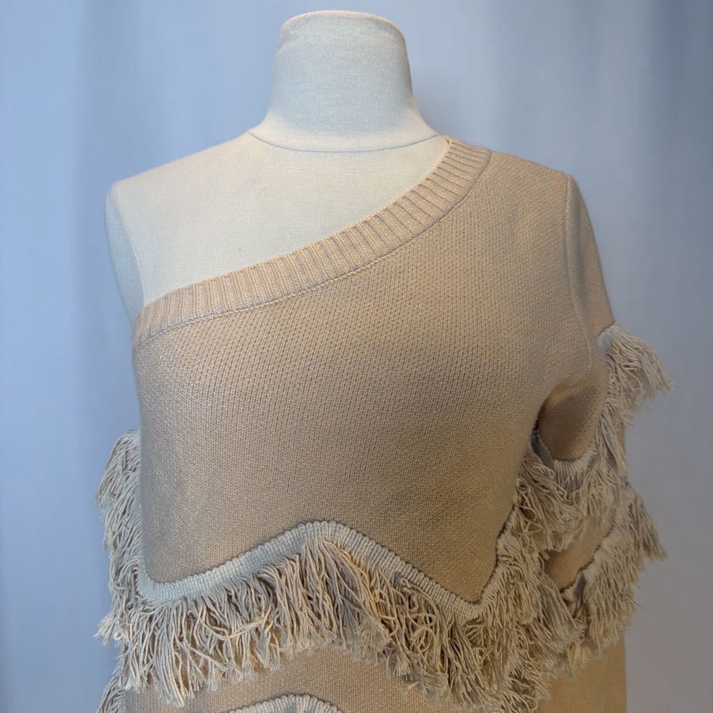 Beige knitted vest with fringe details on a mannequin against a light blue background