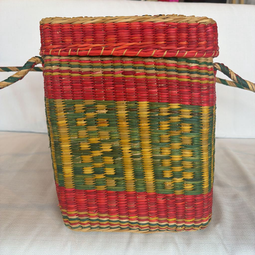 Colorful woven basket with a pattern on a white background