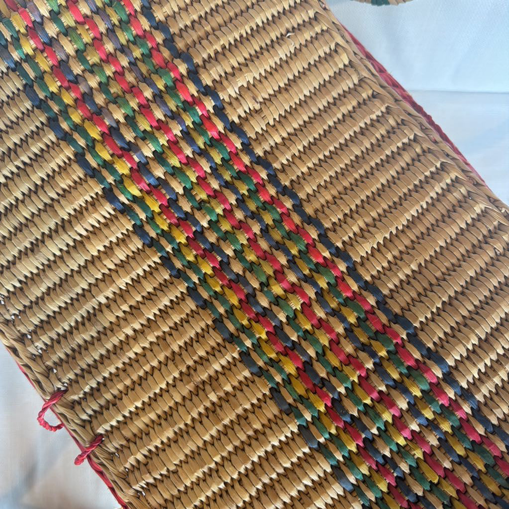 Woven mat with multicolored border on a white background