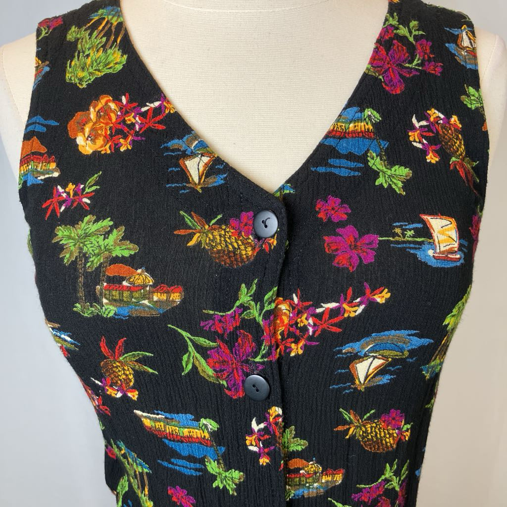 Colorful tropical patterned vest on a mannequin against a neutral background