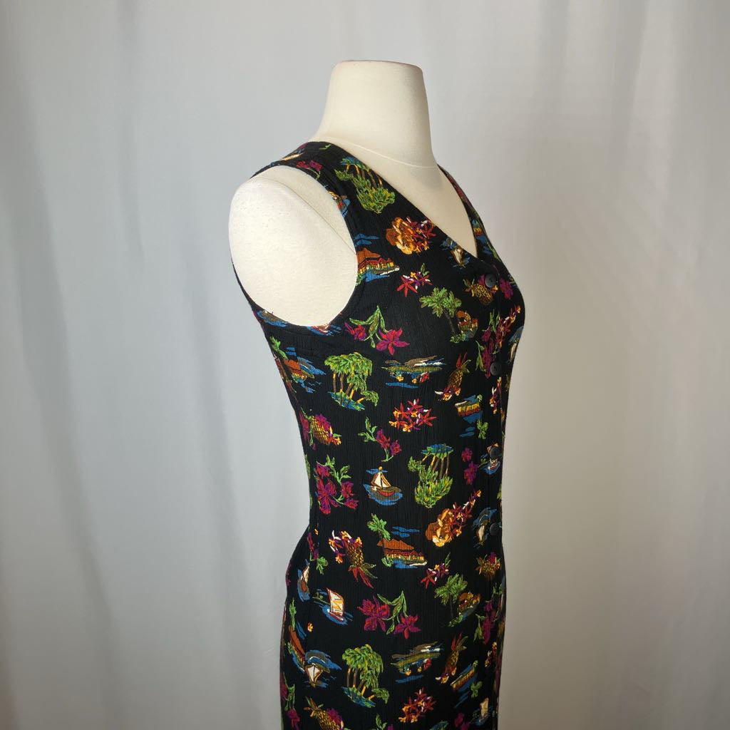 Mannequin wearing a sleeveless dress with colorful abstract pattern on a plain background