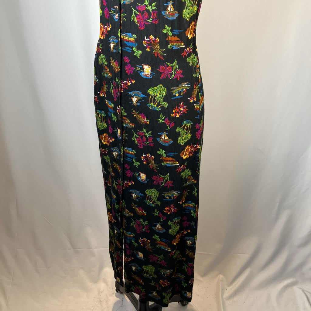 Long black dress with colorful floral and animal pattern on a white background