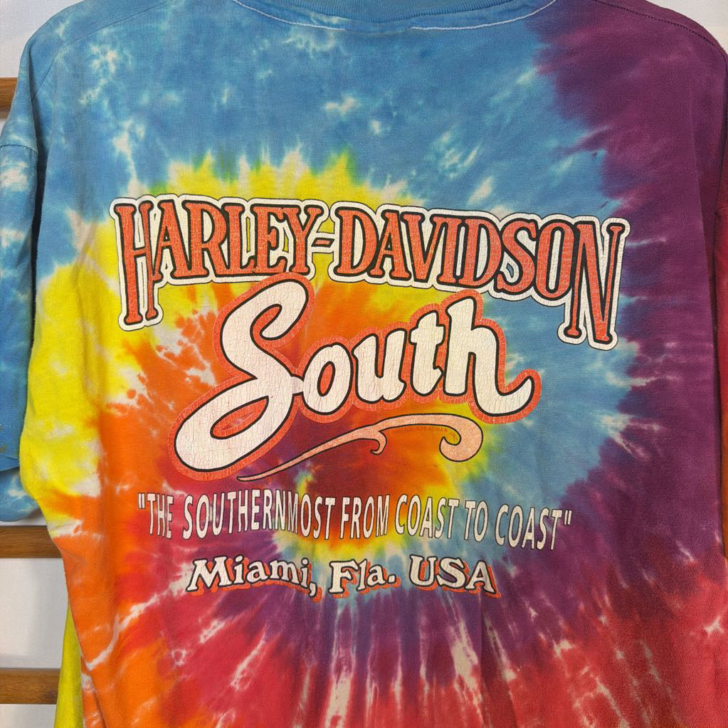 Tie-dye t-shirt with Harley-Davidson South branding and text.
