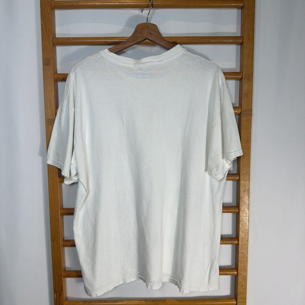 White t-shirt on a wooden hanger against a white wall