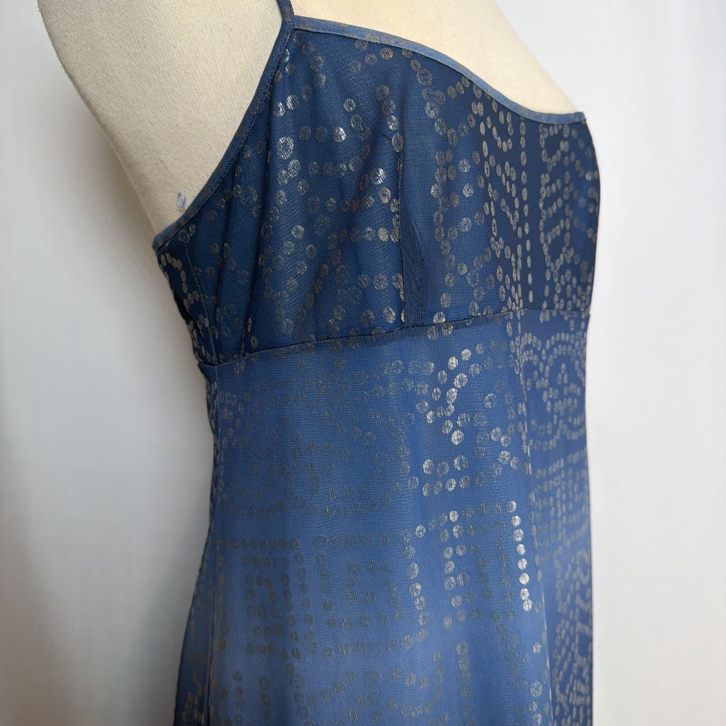 Blue dress with floral pattern on a mannequin against a white background