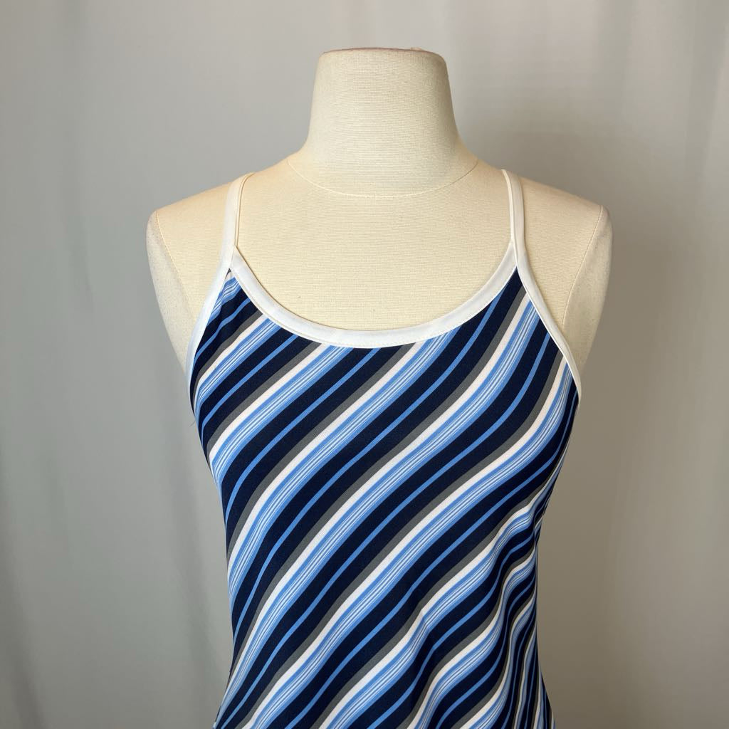 Blue and white striped dress on a mannequin against a plain background