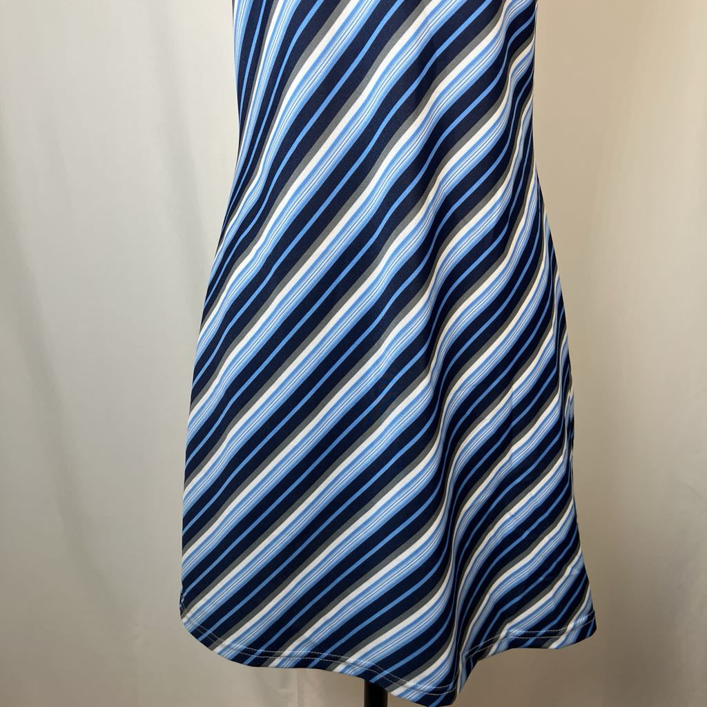 Blue and white striped dress on a mannequin against a neutral background