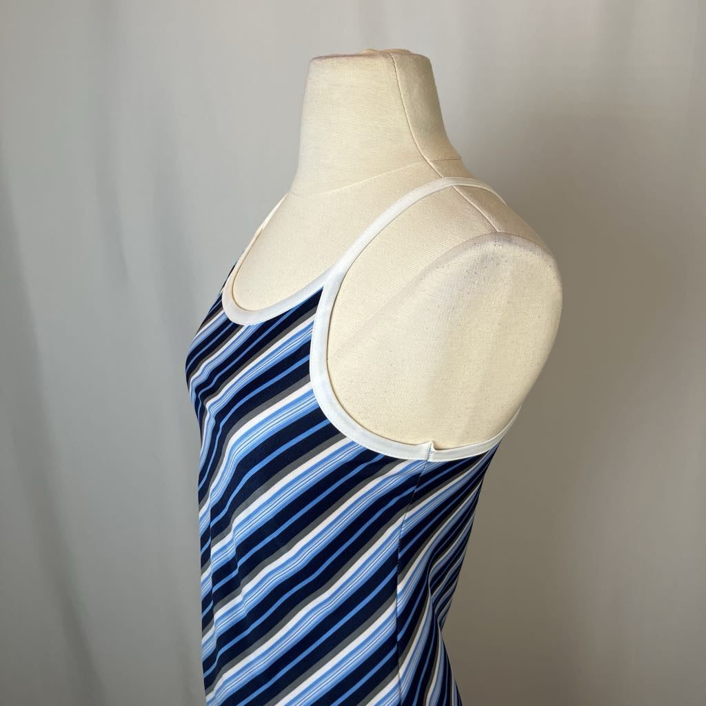 Blue and white striped tank top on a mannequin against a plain background