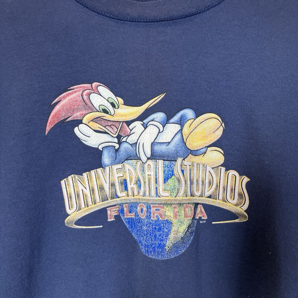 Navy blue shirt with a cartoon character and 'Universal Studios Florida' text on a dark background