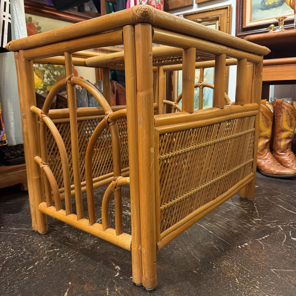 Vintage Rattan Side Table w Glasstop