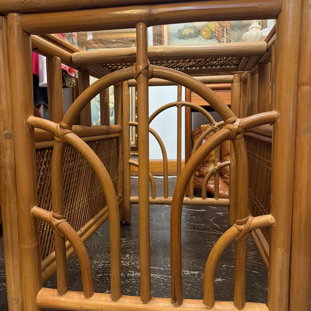 Vintage Rattan Side Table w Glasstop