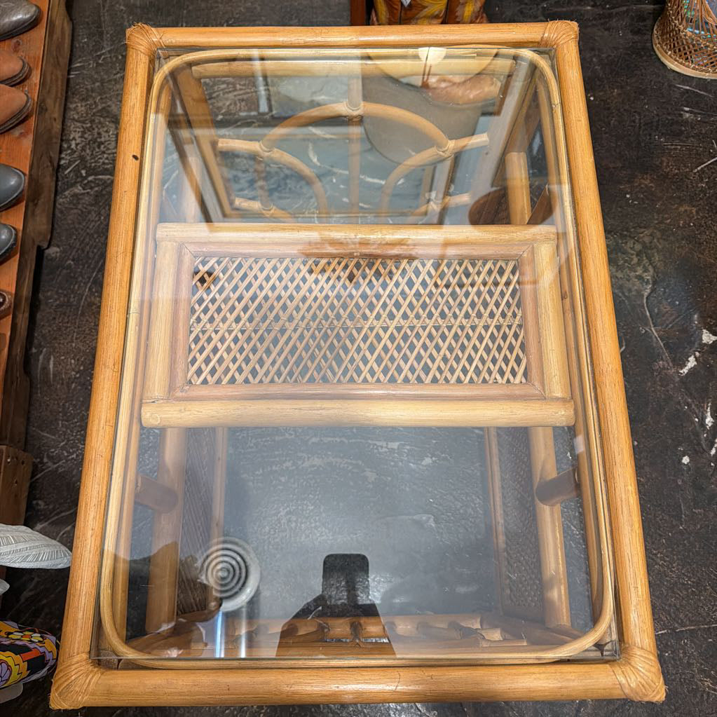 Vintage Rattan Side Table w Glasstop