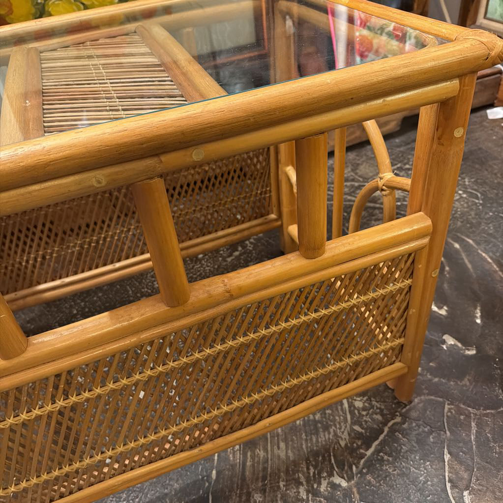 Vintage Rattan Side Table w Glasstop