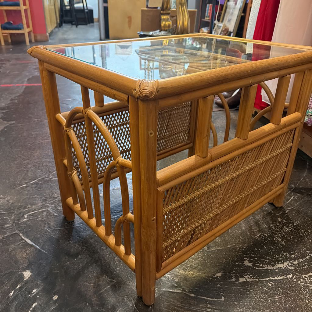 Vintage Rattan Side Table w Glasstop