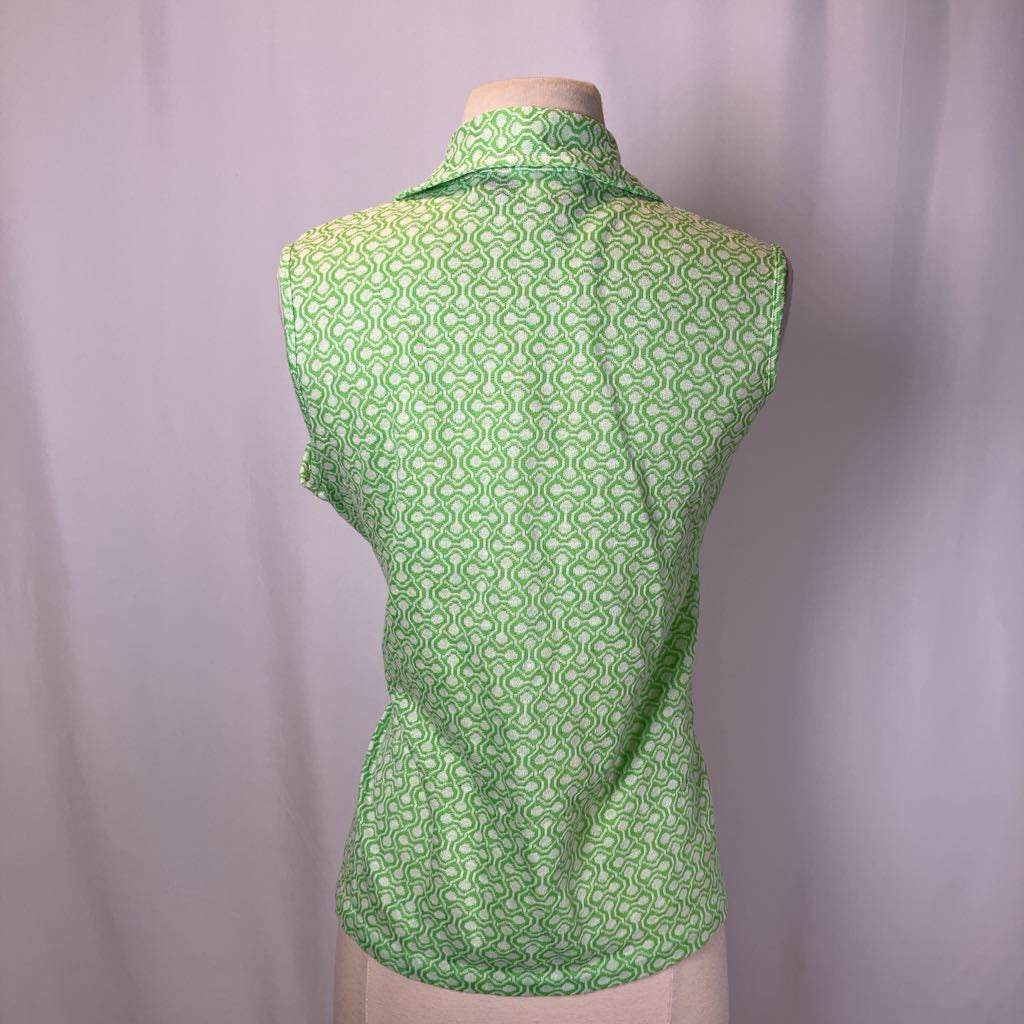 Green patterned sleeveless top on a mannequin against a plain background