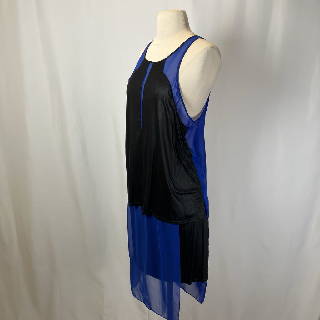 Mannequin wearing a black and blue dress against a white background
